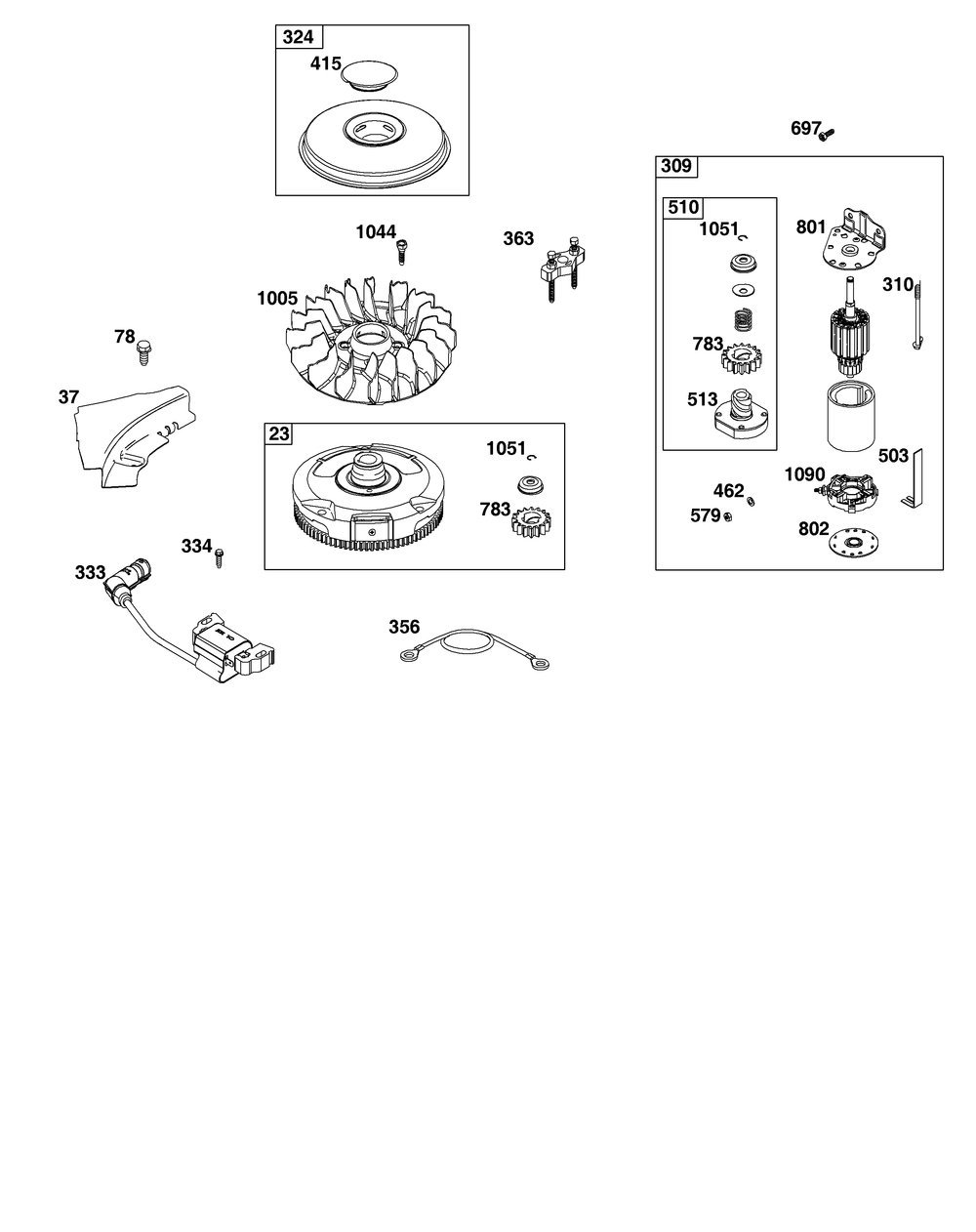 Flywheel, Ignition, And Starter Group Diagram and Parts List for 31R877-0001-B5 200000 - 399999 Briggs and Stratton Engine